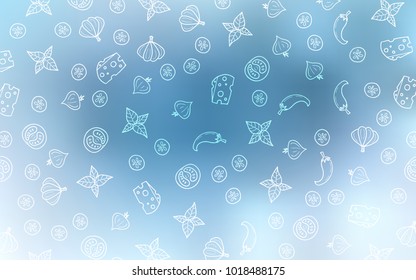 Light BLUE vector cover with cuisine gourmet. Illustration with set of fresh food in doodle style. Doodle design for your business advert of cafes.