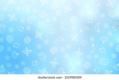 Light BLUE vector cover with cuisine gourmet. Blurred decorative design of snacks in doodle style. Pattern for menu of cafes, bars, restaurants.