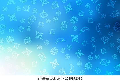 Light BLUE vector cover with cuisine gourmet. Glitter abstract sketch with gourmet food. Design for ad, poster, banner of cafes or restaurants.