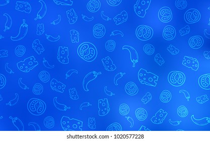 Light BLUE vector cover with cuisine gourmet. Illustration with set of fresh food in doodle style. Pattern for ads of breakfast, lunch, dinner.