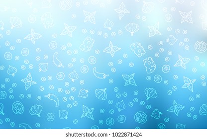 Light BLUE vector cover with cuisine gourmet. Illustration with set of fresh food in doodle style. Pattern for ad, booklets, leaflets of restaurants.