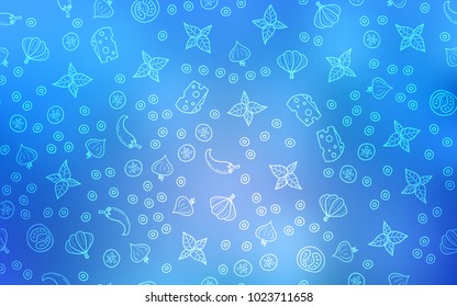 Light BLUE vector cover with cuisine gourmet. Beautiful colored illustration with food in doodle style. Pattern for ad, booklets, leaflets of restaurants.