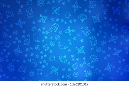 Light BLUE vector cover with cuisine gourmet. Beautiful colored illustration with food in doodle style. Pattern for menu of cafes, bars, restaurants.