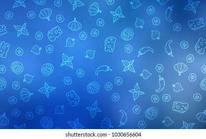 Light BLUE vector cover with cuisine gourmet. Beautiful colored illustration with food in doodle style. Template for meal cooking in kitchen.