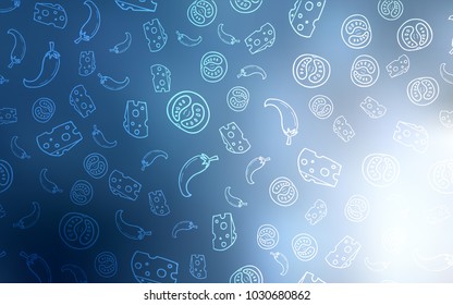 Light BLUE vector cover with cuisine gourmet. Beautiful colored illustration with food in doodle style. Template for meal cooking in kitchen.