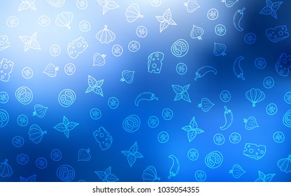Light BLUE vector cover with cuisine gourmet. Illustration with set of fresh food in doodle style. Pattern for ads of breakfast, lunch, dinner.