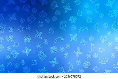 Light BLUE vector cover with cuisine gourmet. Fast Food on blurred abstract background with colorful gradient. Template for meal cooking in kitchen.