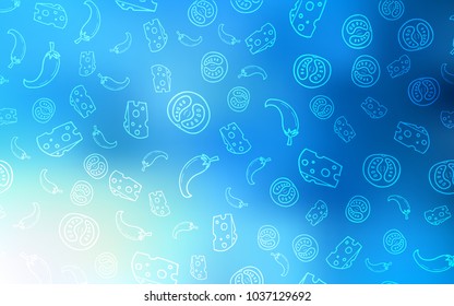 Light BLUE vector cover with cuisine gourmet. Beautiful colored illustration with food in doodle style. Pattern for menu of cafes, bars, restaurants.