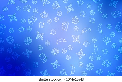 Light BLUE vector cover with cuisine gourmet. Illustration with set of fresh food in doodle style. Pattern for ads of breakfast, lunch, dinner.