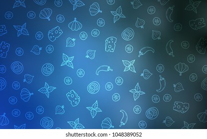 Light BLUE vector cover with cuisine gourmet. Glitter abstract sketch with gourmet food. Template for meal cooking in kitchen.