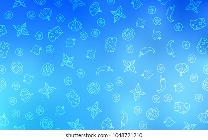 Light BLUE vector cover with cuisine gourmet. Glitter abstract sketch with gourmet food. Pattern for ads of breakfast, lunch, dinner.