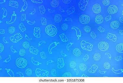 Light BLUE vector cover with cuisine gourmet. Fast Food on blurred abstract background with colorful gradient. Pattern for menu of cafes, bars, restaurants.