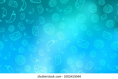 Light BLUE vector cover with cuisine gourmet. Beautiful colored illustration with food in doodle style. Doodle design for your business advert of cafes.