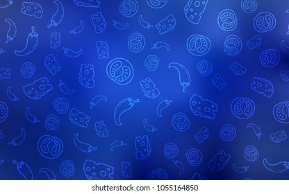 Light BLUE vector cover with cuisine gourmet. Beautiful colored illustration with food in doodle style. Pattern for ads of breakfast, lunch, dinner.