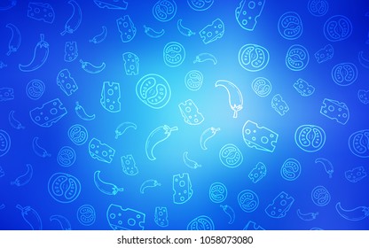 Light BLUE vector cover with cuisine gourmet. Illustration with set of fresh food in doodle style. Design for ad, poster, banner of cafes or restaurants.