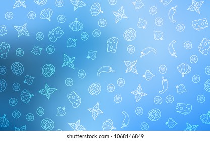Light BLUE vector cover with cuisine gourmet. Beautiful colored illustration with food in doodle style. Template for meal cooking in kitchen.