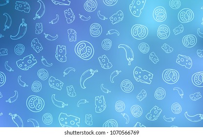 Light BLUE vector cover with cuisine gourmet. Illustration with set of fresh food in doodle style. Template for meal cooking in kitchen.
