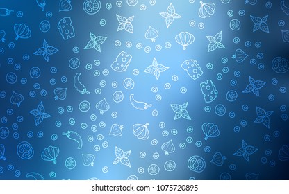 Light BLUE vector cover with cuisine gourmet. Illustration with set of fresh food in doodle style. Design for ad, poster, banner of cafes or restaurants.
