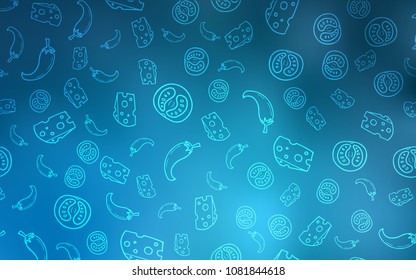 Light BLUE vector cover with cuisine gourmet. Decorative shining illustration with food on abstract template. Doodle design for your business advert of cafes.