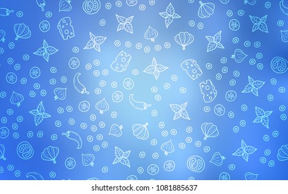 Light BLUE vector cover with cuisine gourmet. Beautiful colored illustration with food in doodle style. Template for meal cooking in kitchen.