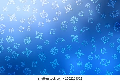 Light BLUE vector cover with cuisine gourmet. Illustration with set of fresh food in doodle style. Design for ad, poster, banner of cafes or restaurants.