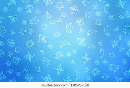 Light BLUE vector cover with cuisine gourmet. Glitter abstract sketch with gourmet food. Template for meal cooking in kitchen.