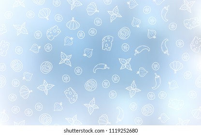 Light BLUE vector cover with cuisine gourmet. Fast Food on blurred abstract background with colorful gradient. Template for meal cooking in kitchen.