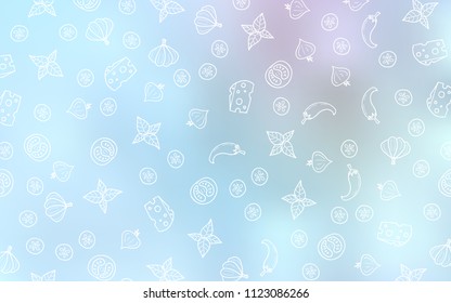 Light BLUE vector cover with cuisine gourmet. Fast Food on blurred abstract background with colorful gradient. Template for meal cooking in kitchen.