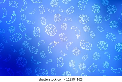 Light BLUE vector cover with cuisine gourmet. Blurred decorative design of snacks in doodle style. Template for meal cooking in kitchen.