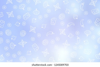 Light BLUE vector cover with cuisine gourmet. Glitter abstract sketch with gourmet food. Pattern for menu of cafes, bars, restaurants.
