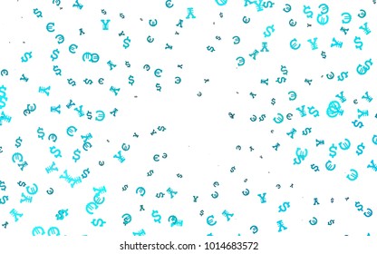 Light BLUE vector cover with Euro, Dollar, Yen signs. Colored symbols of all currency on white background. The pattern can be used for ad, booklets, leaflets of banks.