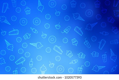 Light BLUE vector cover with set of confections. Beautiful colored illustration with candies in doodle style. Doodle design for your business advert of cafes.