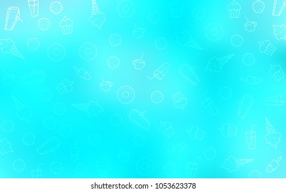 Light BLUE vector cover with set of confections. Blurred decorative design of desserts in doodle style. Doodle design for your business advert of cafes.
