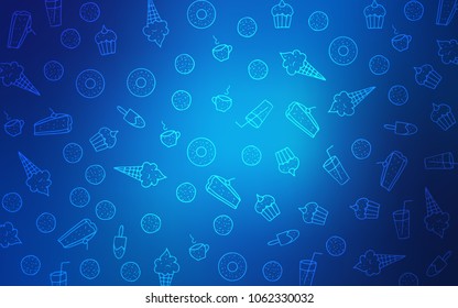 Light BLUE vector cover with set of confections. Confections on blurred abstract background with colorful gradient. Design for ad, poster, banner of cafes or restaurants.