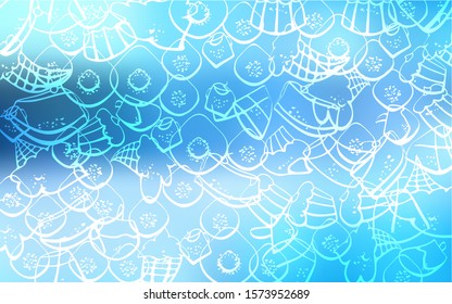 Light BLUE vector cover with set of confections. Glitter abstract sketch with sweets, candies, desserts. Template of children's food in cafe.
