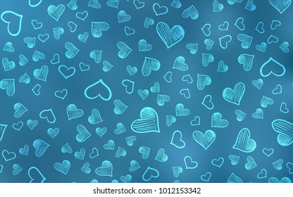 Light BLUE vector cover with Shining hearts. Hearts on blurred abstract background with colorful gradient. Pattern for marriage gifts, congratulations.