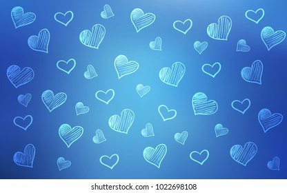 Light BLUE vector cover with Shining hearts. Hearts on blurred abstract background with colorful gradient. Pattern for carnival, festival romantic leaflets.