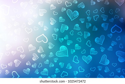 Light BLUE vector cover with Shining hearts. Beautiful colored illustration with hearts in celebration style. Pattern for marriage gifts, congratulations.
