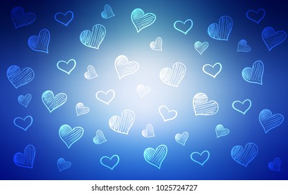 Light BLUE vector cover with Shining hearts. Hearts on blurred abstract background with colorful gradient. Design for ad, poster, banner of Valentine Day.