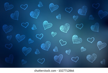 Light BLUE vector cover with Shining hearts. Blurred decorative design in doodle style with hearts. Template for Valentine's greeting postcards.