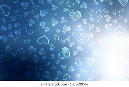 Light BLUE vector cover with Shining hearts. Glitter abstract illustration with colorful hearts in romantic style. Design for ad, poster, banner of Valentine Day.