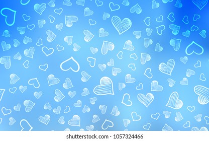 Light BLUE vector cover with Shining hearts. Blurred decorative design in doodle style with hearts. Pattern for carnival, festival romantic leaflets.