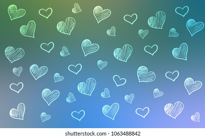 Light BLUE vector cover with Shining hearts. Beautiful colored illustration with hearts in celebration style. Design for ad, poster, banner of Valentine Day.