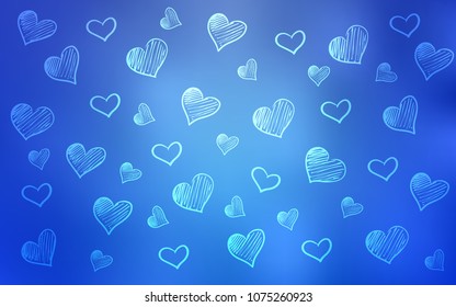 Light BLUE vector cover with Shining hearts. Hearts on blurred abstract background with colorful gradient. Template for Valentine's greeting postcards.