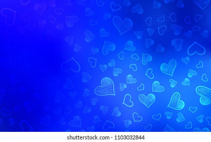 Light BLUE vector cover with Shining hearts. Decorative shining illustration with hearts on abstract template. Beautiful design for your business advert of anniversary.