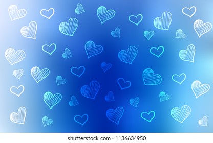 Light BLUE vector cover with Shining hearts. Blurred decorative design in doodle style with hearts. Pattern for marriage gifts, congratulations.