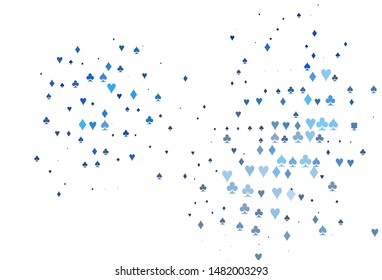 Light BLUE vector cover with symbols of gamble. Colorful gradient with signs of hearts, spades, clubs, diamonds. Design for ad, poster, banner of gambling websites.