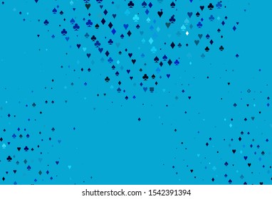 Light BLUE vector cover with symbols of gamble. Blurred decorative design of hearts, spades, clubs, diamonds. Pattern for booklets, leaflets of gambling houses.