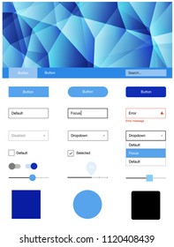 Light BLUE vector design ui kit with mosaic. Web ui kit with abstract gradient triangles in its header. This template you can use for websites.
