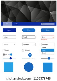 Light BLUE vector design ui kit with mosaic. Web ui kit with abstract gradient triangles in its header. This template you can use for landing pages.